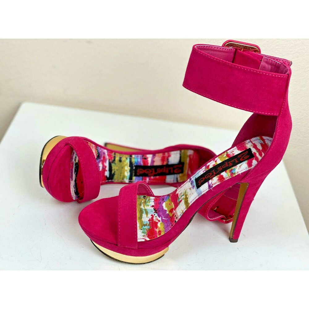 2 LipsToo Platform Stiletto Hot Pink Suede Pump Sandal 7 Too Addictive Party